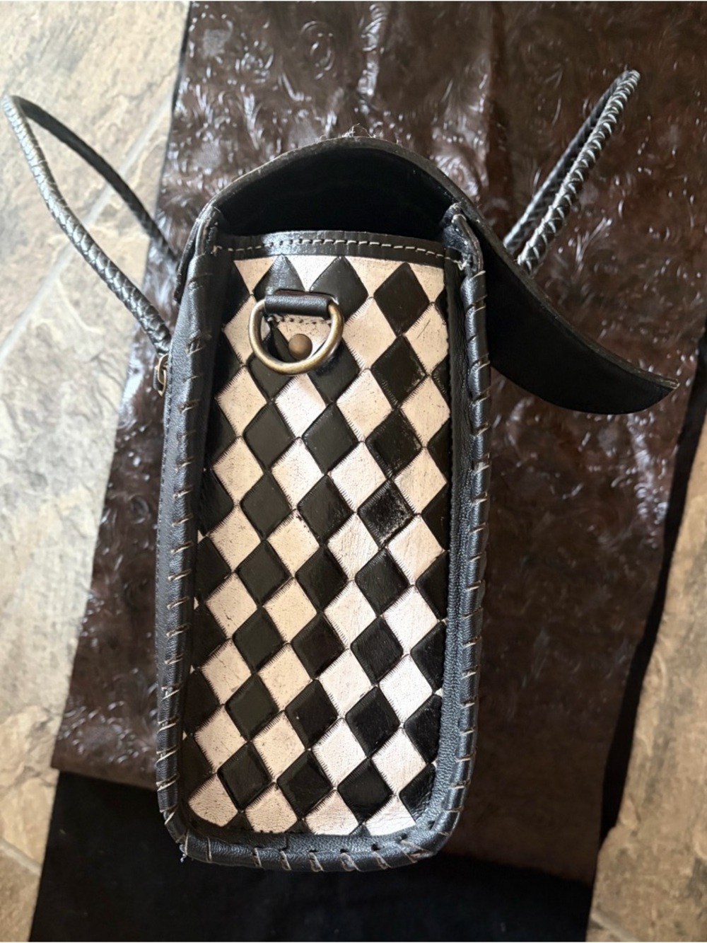 Hand Crafted Black & White Checkered Satchel with Brown Floral Tooled Accents - Picture 2 of 8